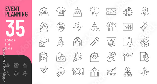 Event Planning Line Editable Icons set. Vector illustration in thin line modern style of party related icons: organization, decoration, planning, food and drink, and more. Isolated on white.