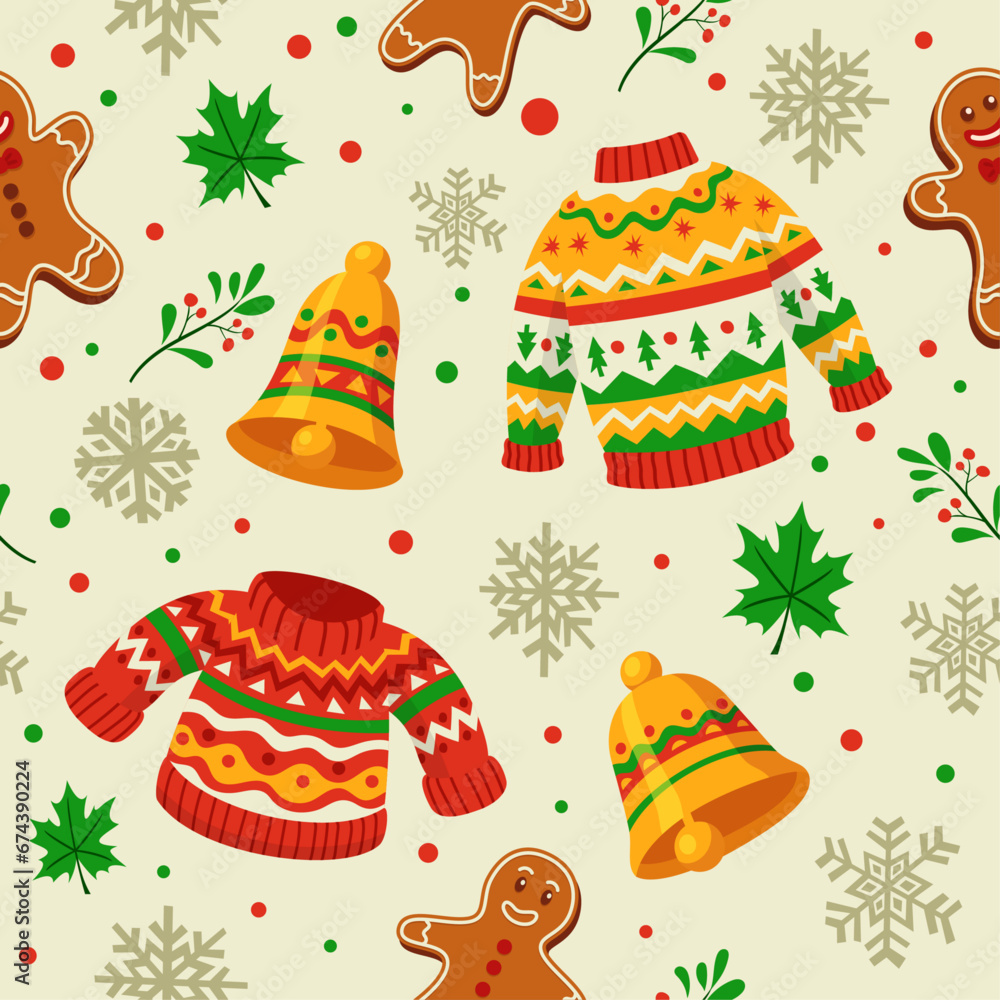 Christmas Seamless Pattern with Ugly Sweater, Bells, Snowflakes and Gingerbread Christmas Seamless Pattern with Ugly Sweater, Bells, Snowflakes and Gingerbread