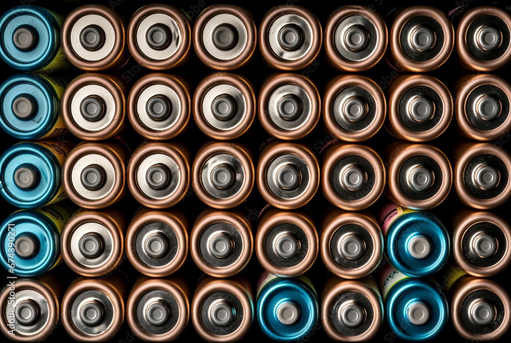 Top view of alkaline batteries storage. Rechargeable energy batteries multiple stock. Generate ai Top view of alkaline batteries storage. Rechargeable energy batteries multiple stock. Generate ai