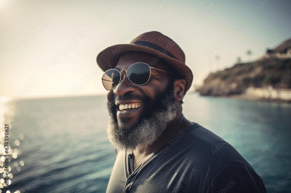Black male adult laughing on sea vacation. African bearded mature man with sunglasses and summer hat. Generate ai