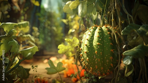 A Horned Melon nestled in a lush garden, bathed in the warm sunlight.
