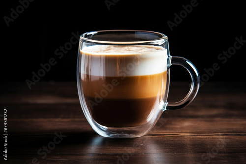 Photo of a delicious cup of freshly brewed coffee on a rustic wooden table