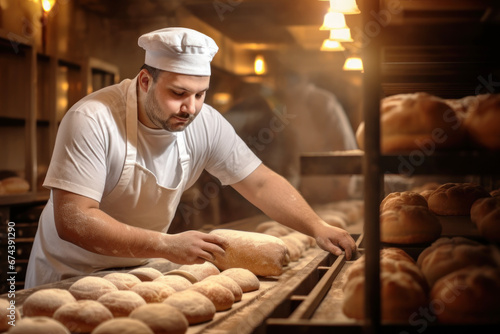 A worker at a bakery takes fresh bread out of the oven. Industrial production.