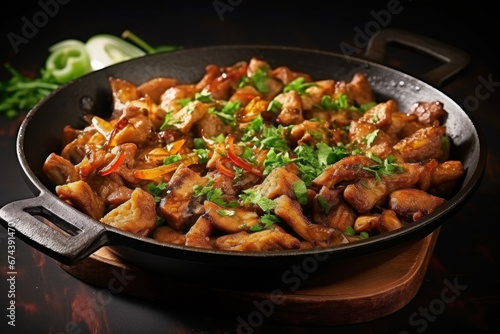 Photo of a delicious and colorful pan of savory meat and vegetables on a rustic table. Cast iron frying pan with aromatic fried meat. Country homemade food. Meat delicacy.