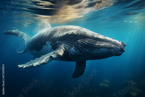 A Baby Humpback Whale Plays Near the Surface in Blue