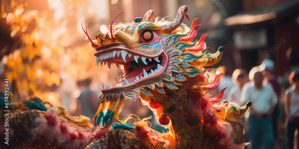 chinese new year, street festival, red dragon, life-size puppet, traditions, mythical animal, theater, performance, China, show, carnival, legend, symbol, Christmas, city, scary, eyes, face, teeth