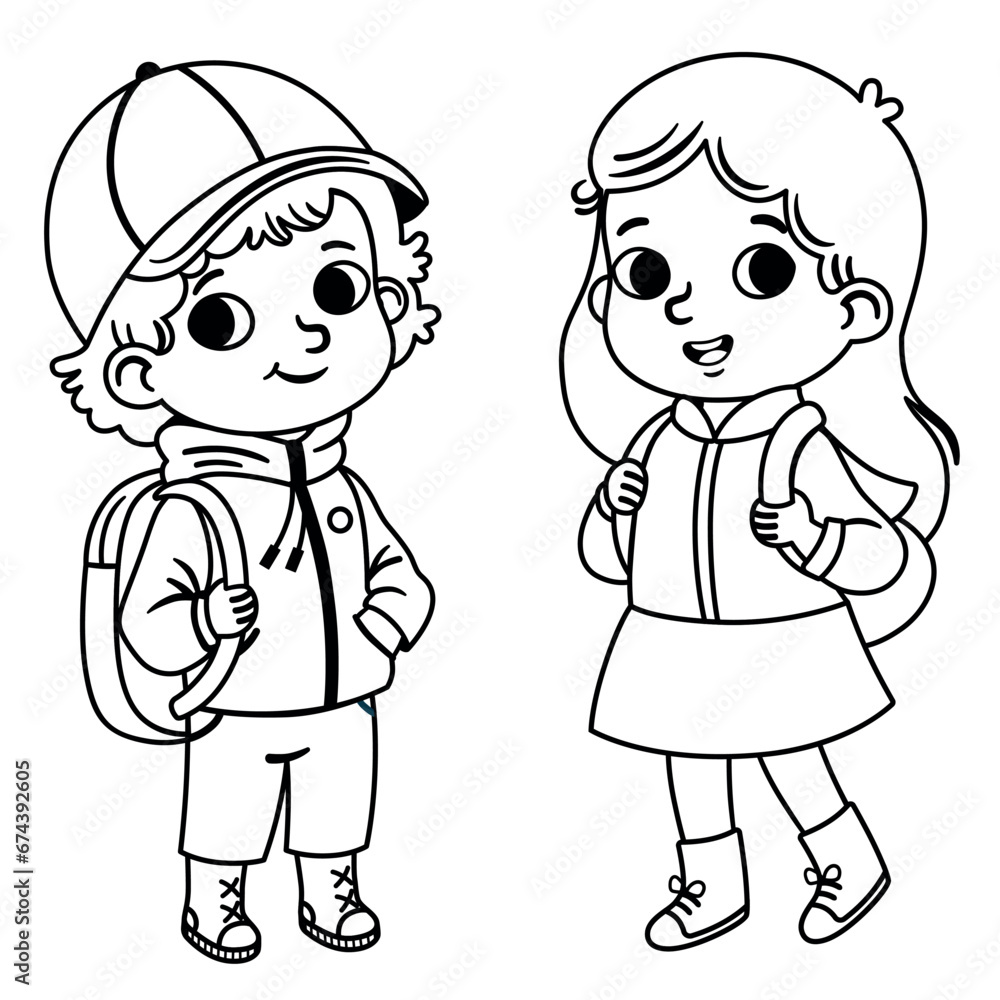 Black and white vector illustration of a kindergarten aged girl and a boy.
Black and white vector illustration of a kindergarten aged girl and a boy.