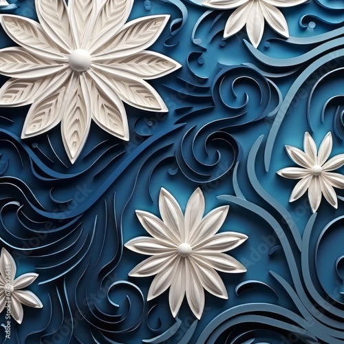 A painting of white flowers on a blue background