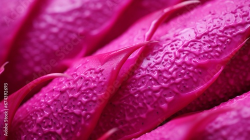 A macro shot capturing the intricate textures of a Dragon Fruit's (Pitaya) skin, with its vivid pink hue and tiny spines.
