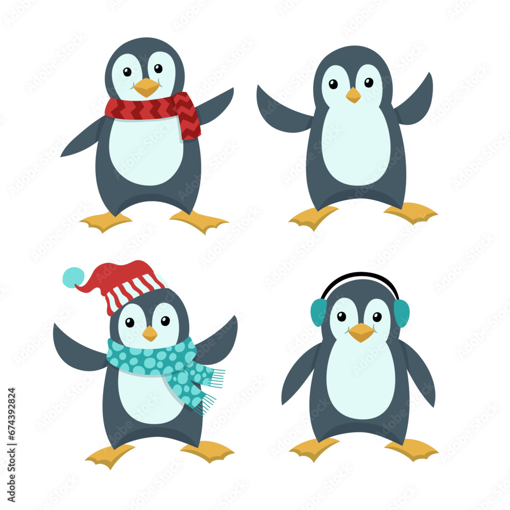 Fototapeta premium Set of Cute Pinguin Illustration in Flat Design