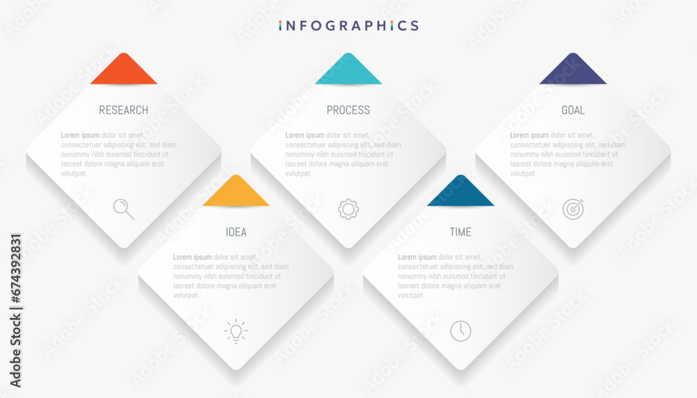 Modern business infographic template, square shape with 5 options or steps icons. Modern business infographic template, square shape with 5 options or steps icons.