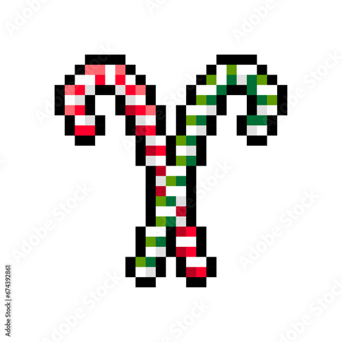 Christmas candy cane icon isolated on white background. Traditional xmas candy with red, white and green stripes. Vector pixel art illustration of New Year elements in 16-bit old style.