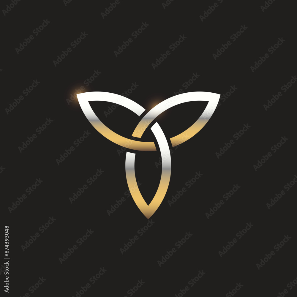 Golden Luxury triquetra logo vector wiccan divination isolated on black background, Letter T symbol  - obrazy, fototapety, plakaty 