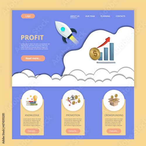 Profit flat landing page website template. Knowledge, promotion, crowdfunding. Web banner with header, content and footer. Vector illustration.