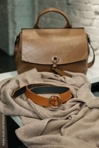 The choice of clothes, the girl's hand in choosing a dress, an outfit on a hanger in the wardrobe in the room, a closet at home. Wardrobe in the house. Clothes for women. Bags. Clothing store.