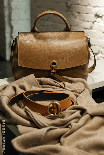 The choice of clothes, the girl's hand in choosing a dress, an outfit on a hanger in the wardrobe in the room, a closet at home. Wardrobe in the house. Clothes for women. Bags. Clothing store.