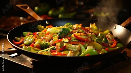 A Chayote-based stir-fry sizzling in a wok, with vibrant vegetables and seasonings.