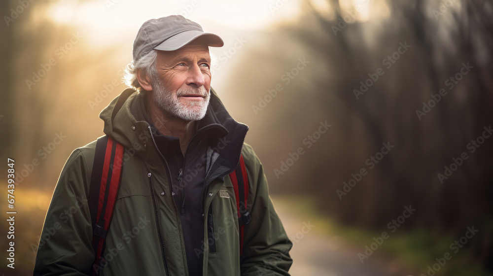 Portrait of senior man with backpack looking at camera. Generative Ai. 