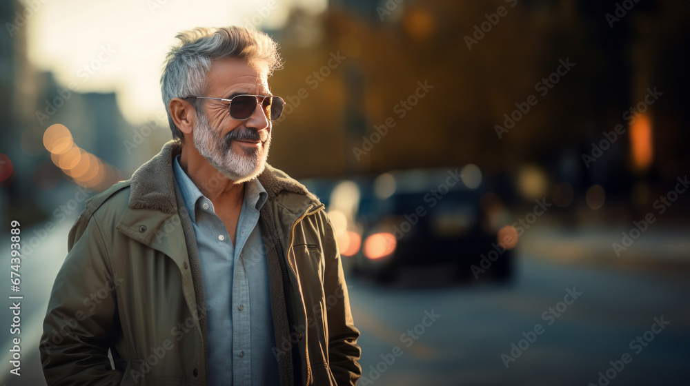 Portrait of senior man walking in the city at night, wearing sunglasses. Generative Ai. Portrait of senior man walking in the city at night, wearing sunglasses. Generative Ai.