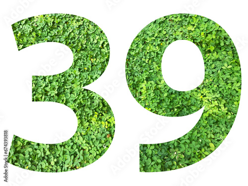 The shape of the number 39 is made of green grass isolated on transparent background. Go green concept.