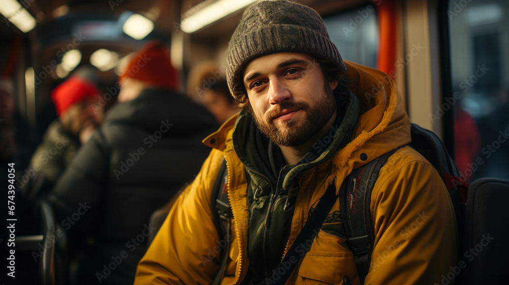 Portrait of a bearded man in a yellow jacket and hat on the background of a bus. Generative Ai. 