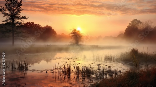 tree fall dawn rural landscape illustration foggy mist  scenery autumn  foliage scenic tree fall dawn rural landscape