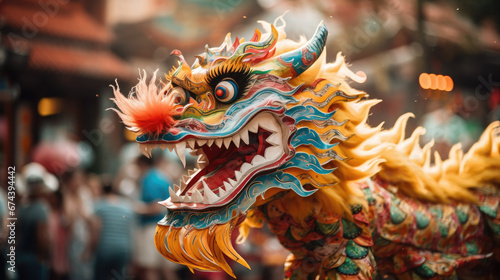chinese new year, street festival, red dragon, life-size puppet, traditions, mythical animal, theater, performance, China, show, carnival, legend, symbol, Christmas, city, scary, eyes, face, teeth © Julia Zarubina