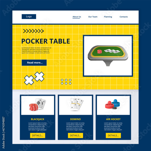 Poker table flat landing page website template. Blackjack, domino, air hockey. Web banner with header, content and footer. Vector illustration.