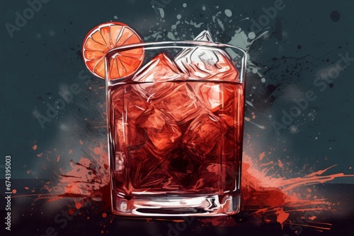 Glass of red cocktail with ice cubes illustration. Splash sensational cocktail summer party. Generate ai photo