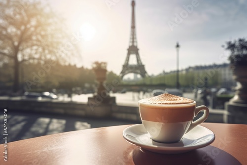 Cappuccino cup on table with tour Eiffel scenic view. French morning breakfast in romantic Paris. Generate ai © nsit0108