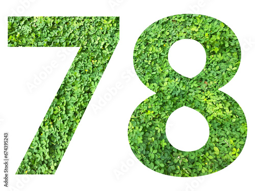 The shape of the number 78 is made of green grass isolated on transparent background. Go green concept.