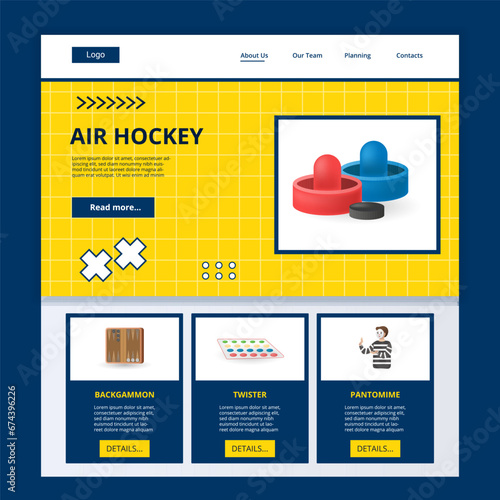 Air hockey flat landing page website template. Backgammon, twister, pantomime. Web banner with header, content and footer. Vector illustration.