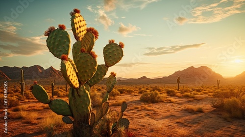 A Prickly Pear cactus in the golden light of sunset, casting a long shadow in the arid landscape. photo
