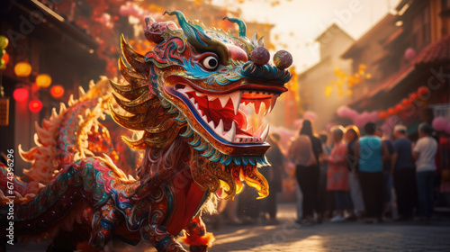chinese new year, street festival, red dragon, life-size puppet, traditions, mythical animal, theater, performance, China, show, carnival, legend, symbol, Christmas, city, scary, eyes, face, teeth © Julia Zarubina