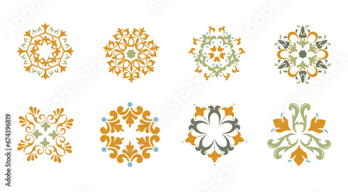 Oriental floral ornament. Damask graphic elements. Imperial rococo decor. For seamless patterns, wrapping paper, greeting and business cards, wedding invitations