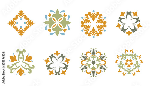Oriental floral ornament. Damask graphic elements. Imperial rococo decor. For seamless patterns, wrapping paper, greeting and business cards, wedding invitations