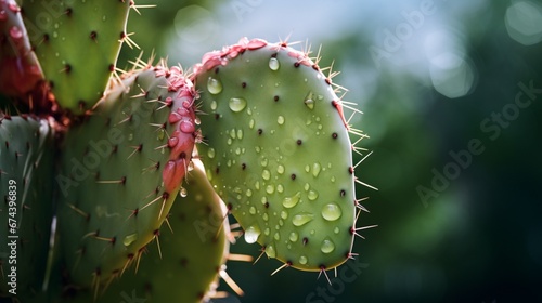 A Prickly Pear fruit hanging from a cactus pad  glistening with dewdrops after a morning rain. High-resolution 8K image with crystal-clear details