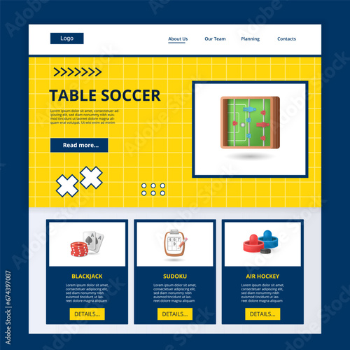 Table soccer flat landing page website template. Blackjack, sudoku, air hockey. Web banner with header, content and footer. Vector illustration.