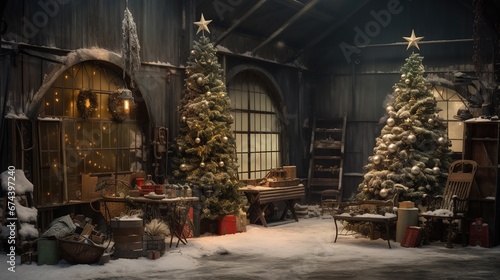 Generative AI, Christmas interior rural background, Santa Claus rustic workshop 