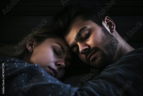 Couple sleeping in the night. Young partners sleeping together in dark bedroom. Generate ai