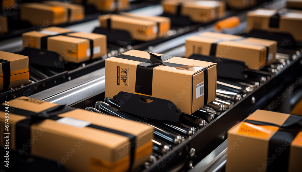 Packaging boxes lying next to a conveyor belt, Packaging boxes lying next to a conveyor belt,