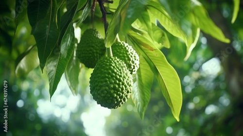 A ripe, fresh soursop fruit hanging from a branch with vibrant green leaves. photo