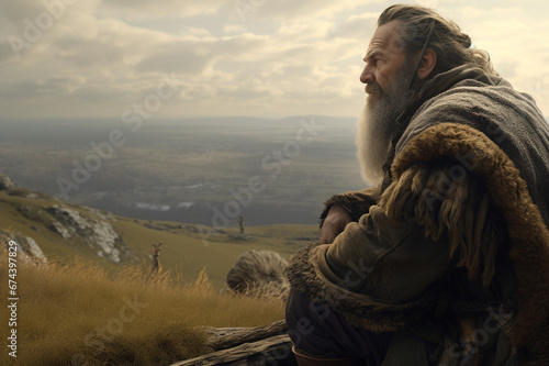 Wise man in deep thought overlooking the valley below, generative art