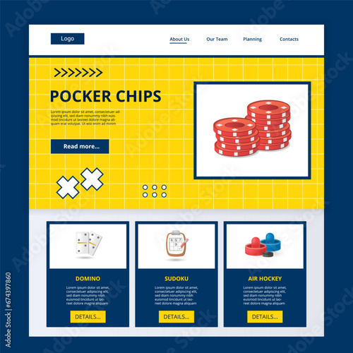 Poker chips flat landing page website template. Domino, sudoku, air hockey. Web banner with header, content and footer. Vector illustration.