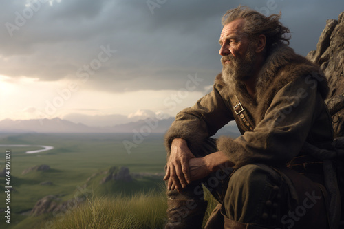Old shepherd man overlooking the valley below, generative art