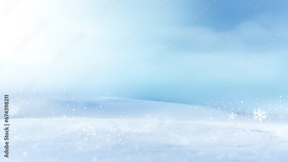 Natural winter snow background, beautifully lit with snowflakes on a blue sky, copy space.

