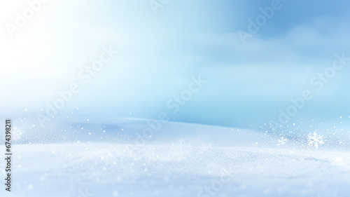 Natural winter snow background, beautifully lit with snowflakes on a blue sky, copy space. 