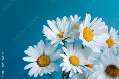 Daisies flowers on blue background. Beautiful blooming white flower with yellow center. Generate ai