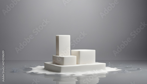 white Plaster podium in water on grey background.