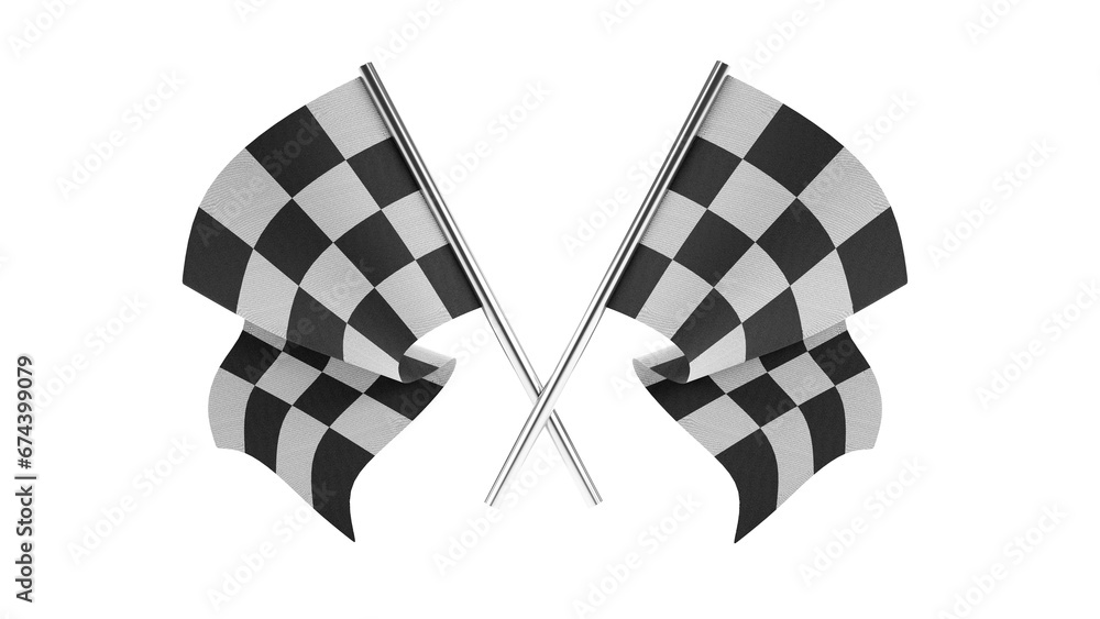 3D rendering of checker crossed flag pair, waving checker flags to crown a champion or the winner of a race on a white background